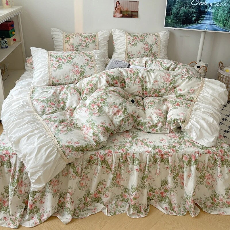 YICKYUE  -  100% Cotton Bedding Set Korean Style Flowers Printing Quilt Covers Lace Princess Duvet Cover Bedspread Bed skirt Pillowcases