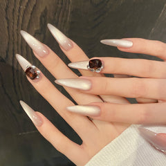 YICKYUE -  10pcs Handmade Long Press on Nails Glitter Cat Eye Rhinestone Design Fake Nails Wearable Reusable Fake Nail Tips For Women