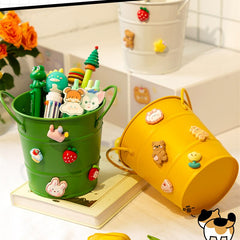 Kawaii Round Pen Holder Large Capacity Desktop Makeup Brush Storage Bucket Wrought Iron Desktop Storage Box with 3D Stickers