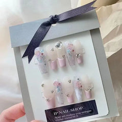 YICKYUE -  Light Luxury Fake Nails Butterfly Colour Stone Handamde Transparent Gradient Pink Brighten Up Wearable False Nail Removable Easy