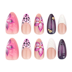 YICKYUE   -  24pcs 3D Purple Devil's Flower Design False Nails Ins Handmade Almond Shaped Fake Nail Tips Wearable French Press on Nails