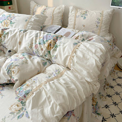 YICKYUE  -  100% Cotton Bedding Set Korean Style Flowers Printing Quilt Covers Lace Princess Duvet Cover Bedspread Bed skirt Pillowcases
