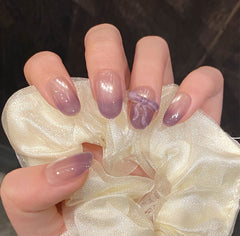 YICKYUE  -  10Pcs Handmade Short Oval Press on Nails Gradient Purple French Cat Eye Bowknot Design Fake Nails Wearable Artificial Nail Art