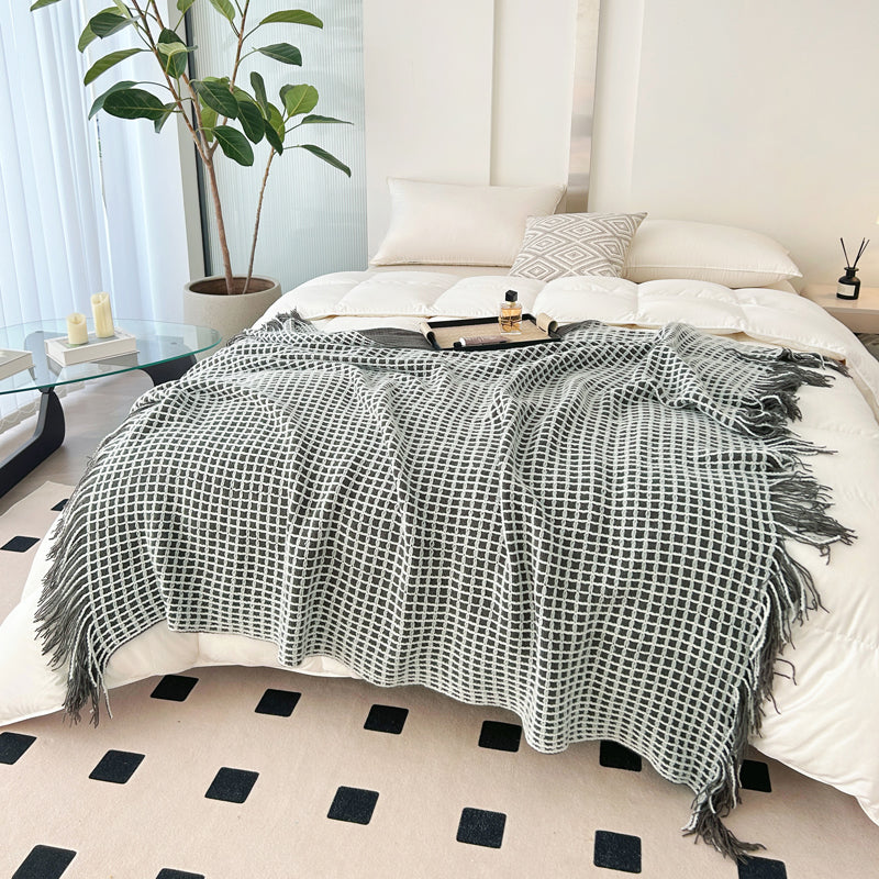 YICKYUE  -  Tassel Waffle Blanket for Beds Thread Blanket for Picnic Blue Towel Blanket for Sofa 130x170cm Blanket for Travel Plaids Sofa