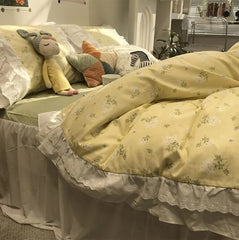 YICKYUE  -  Fairyfair lace green yellow floral bedding set,cute sweet flower cotton full queen home textile bed skirt pillowcase duvet cover