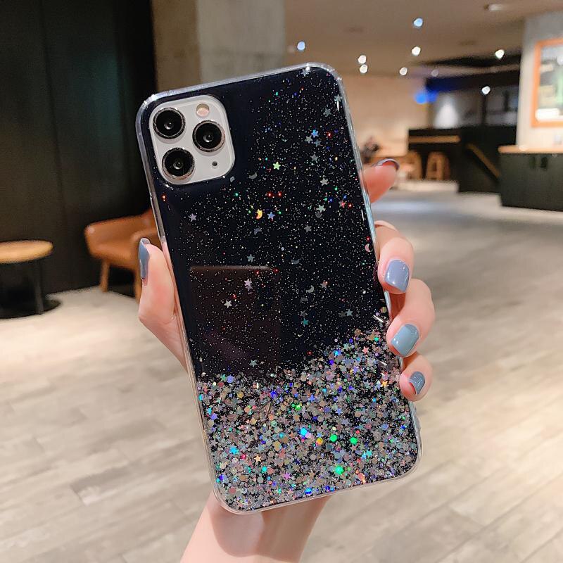 Star Glitter Sequin Transparent Phone Case For iPhone 11 12 Pro MAX Mini XS X XR 7 8 Plus SE 2  Silicone Shockproof Cover