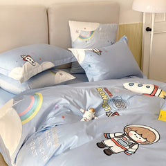 Yickyue Lovely Astronaut Embroidered Bedding Set Luxury 60S Egyptian Cotton Bed Sheet Pillowcase Duvet Cover 4pcs for Home