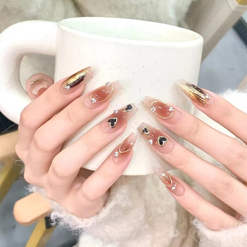 YICKYUE  -  24pcs Gold Foil Fake Nails Retro Brown Lady Girl Press on Nails With Rhinestone Design Full Cover Artificial Nail Patch Wearable