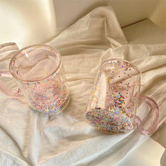 YICKYUE  -  Japanese-Korean Style Girl's Heart Bubble Star Empty Cup Handle Ins Sequins Double-layer Glass Simple Household Coffee Milk Cup