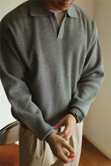 Hearujoy Fashion Solid Color Men Polo Kint Shirt Autumn Long Sleeve Turn-down V-neck Sweater Casual Jumper Tops Men's Knitwear Clothe