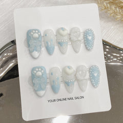 YICKYUE  -  Handmade Press on Nails with Cute Bear Paw Design Light Blue Fake Nails Full Cover Wearable Sweet Korean Almond False Nail Tips