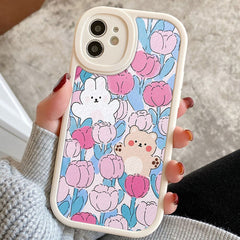 Luxury Flower Cute Bear Fabric Case For iPhone 11 12 13 Pro Max 7 8 Plus XR X XS Max SE 2 3 Shockproof Back Cover Funda iPhone11