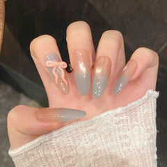 YICKYUE  -  10pcs Handmade Pink Bow Decor Press on Nails Gradient Pink Blue Fake Nails Full Cover Wearable Korean Sweet False Nail Tips