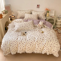 YICKYUE  -  Floral White Hollow Lace and Ruffles Duvet Cover, 100% Cotton, Vintage Countryside Bedding Set, Bed Skirt, Bed Sheet, Pillowcase