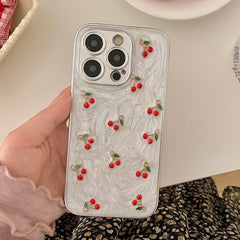 YICKYUE  -  Qianliyao Cute 3D Silver Cherry Fruit Phone Case For iPhone 16 15 14 13 12 11 Pro Max Soft Shockproof TPU Back Cover