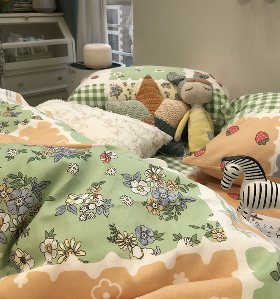YICKYUE  -  Vintage flower strawberry plaid bedding set,single double cotton twin full queen home textile bed sheet pillow case duvet cover