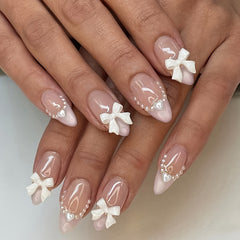YICKYUE   -  24pcs/ box short medium almond nail, pointed nail, pearl white French love heart, press on nails, nail patch,removable nail wear
