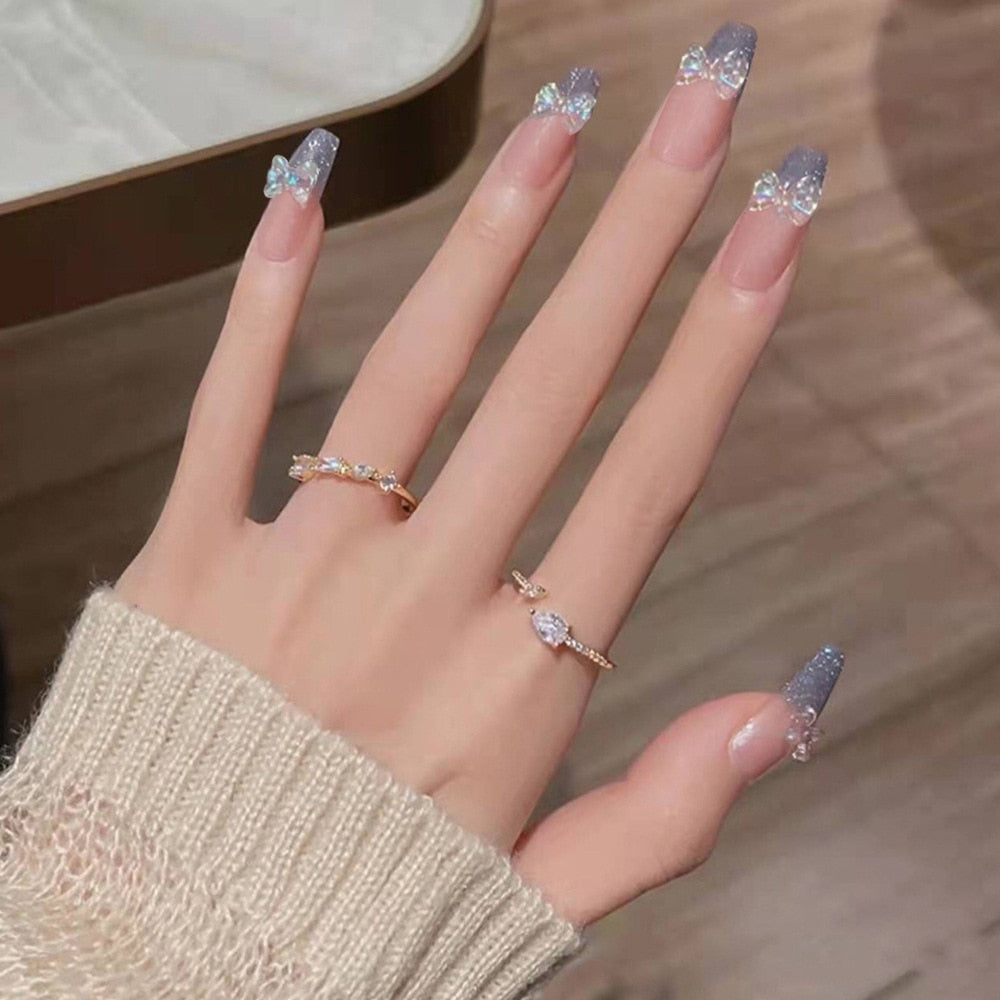 24Pcs Gradient Blue False Nails Glitter Long Ballet Nails for Women Girls Easy Tear Not Fall Salon Finger Toes DIY Press on Nail