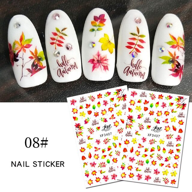 1 Sheet Autumn Fall Leaves Series 3D Nail Stickers Ginkgo Maple leaf Self Adhesive Transfer Sliders Nail Decal Manicures Foils