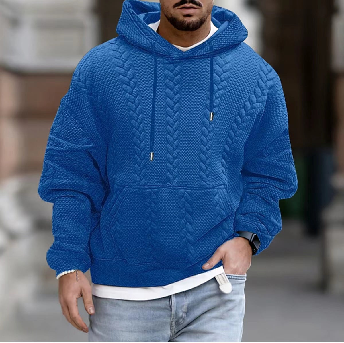 Hearujoy Autumn Solid Jacquard Print Hoodie For Men Long sleeved Lace Up Hooded Pullover Casual Loose Oversize Tops Men's Clothing