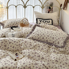 YICKYUE  -  French Small Floral Printed Bedding Set, Double Layer Lace Ruffles, 100% Cotton, Duvet Cover Set, Bed Linen, Pillowcases