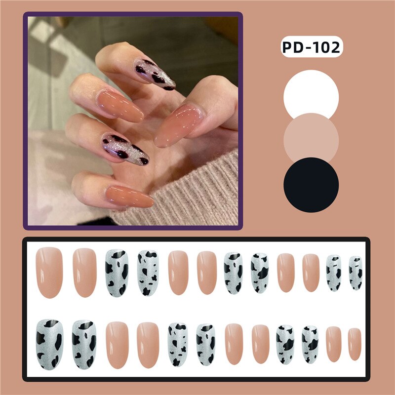 Aurora Powder Long Fake Nail Art With Glue Leopard Detachable Girl Acrylic Full Cover Press On False Nail Tips Manicure Tools