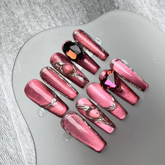 YICKYUE  -  10pcs High Quality Handmade Long coffin Press On Nail version 3D Cat eye manicure red luxury press on nails Artificial Nails