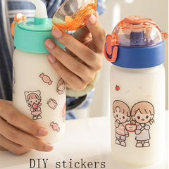 Transparent Glass Water Bottle with Lid Straw  Frosted Milk Cup Coffee Mug Cute Korean ins Student Adult Tour Drinking Bottle