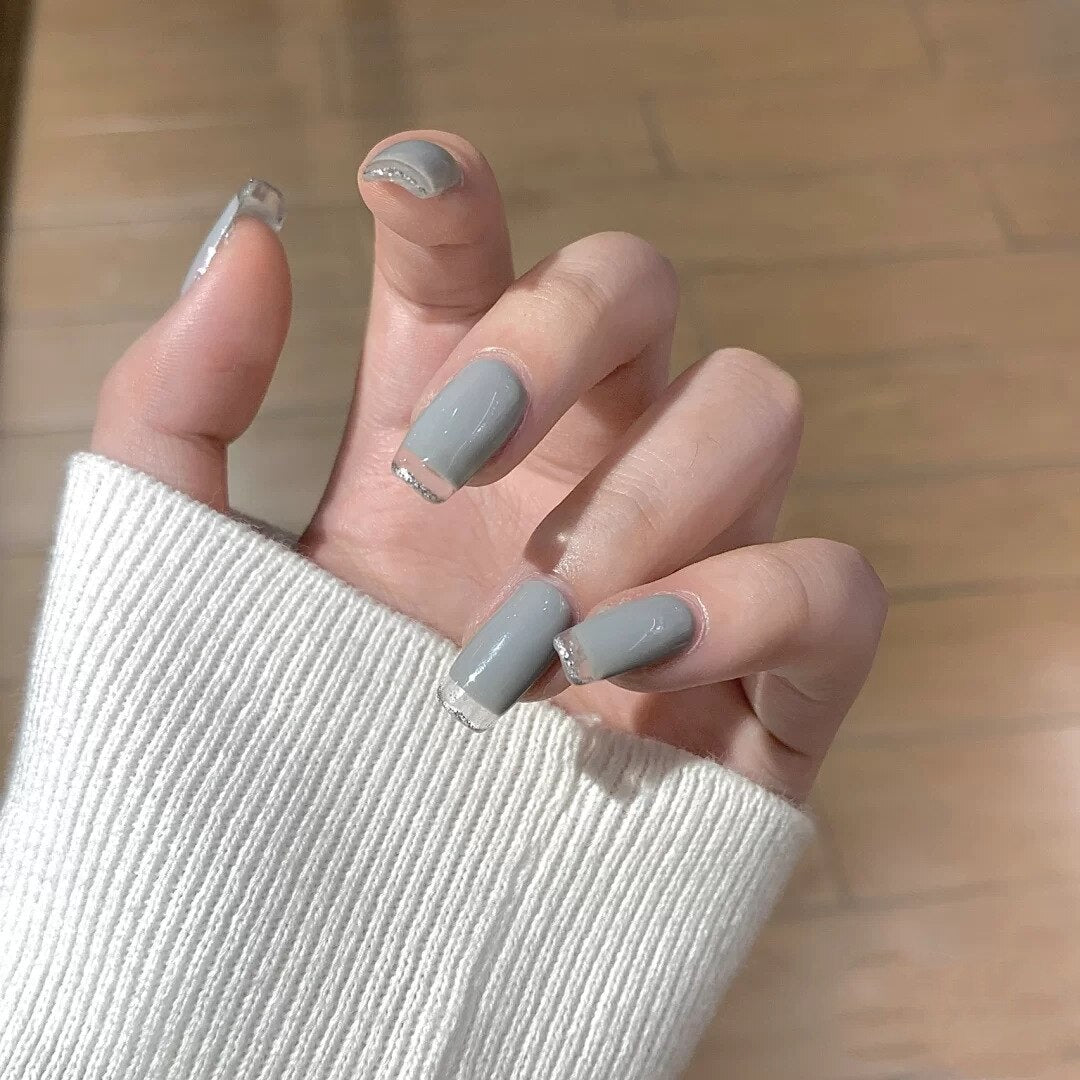 Grey Level Fake Nails French Detachable Nail Art 24Pcs/Set With Jelly Gum Coffin Flat Artificial False Nail Tips Daily Wear