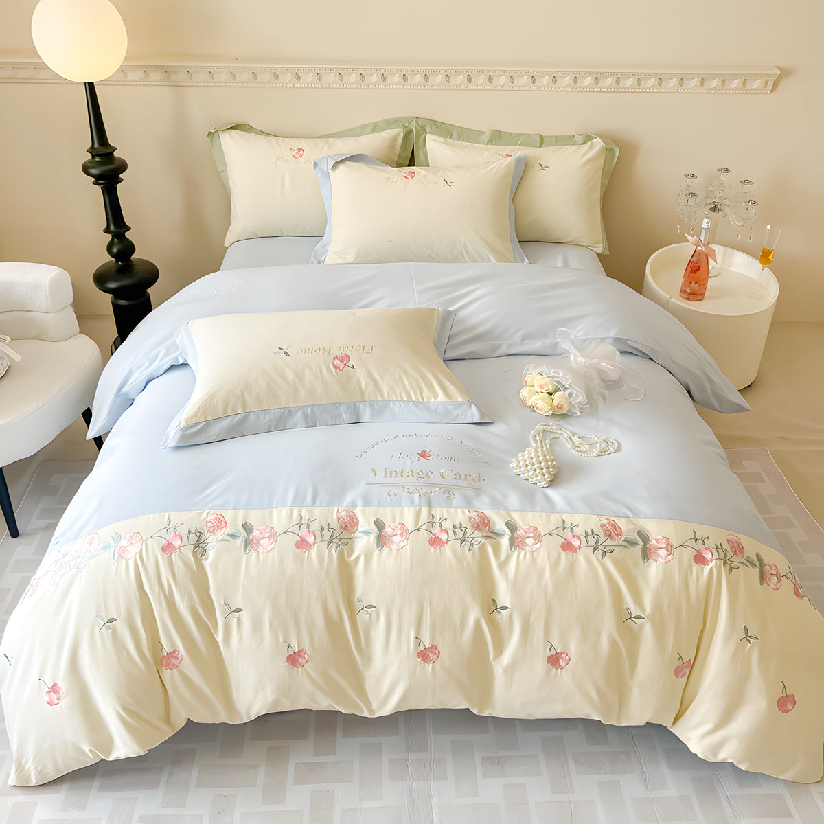 Yickyue - Vintage Floral Soft Brushed Cotton Embroidery Bedsheets Set