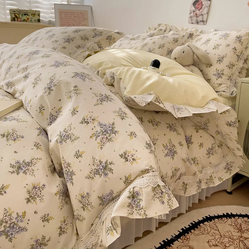 YICKYUE  -  3/4Pcs Vintage French Fresh Floral Lace Ruffles 100% Cotton Bedding Set Duvet Cover Bed Skirt/Bed Sheet/Fitted Sheet Pillowcases