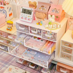 Ins Cute Desktop Storage Box Drawer Plastic Stackable Cosmetics Stationery Box Organizer Storage Multi Layer Drawer Desk Shelf