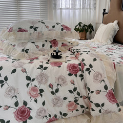 YICKYUE  -  100% Cotton Vintage French Pastoral Style Rose Flowers Double Layer Lace Ruffles Bedding Set Duvet Cover Bed Skirt Pillowcases