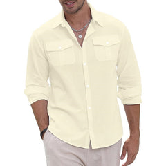 Hearujoy Cotton Linen Men Shirt Solid Color Double Pocket Long Sleeve Top Spring Summer Fashion Casual Beach Breathable Comfortable Shirt