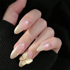 24pcs Long Pointed Punk Fake Nails 2022 Butterfly Decoration Design Press On Nails Light Pink Aurora Nail Powder Cute Nail Art