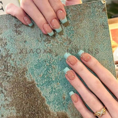 YICKYUE  -  10pcs Handmade French False Nails Short Fake Nails Press on Blue Edge Design Wearable Simple Ins Nail Manicure Nail Tips