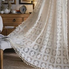 YICKYUE  -  Boho Crochet Curtains For Bedroom Cafe Curtains,Vintage Farmhouse Lace Sheer Tassel Curtains Short Kitchen Bathroom Curtains