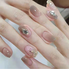 24pcs/Set Fake Nails Butterfly Rhinestone Design Artificial Nail Diy Fashion False Nails With Glue Fake Nails Press On For Girl