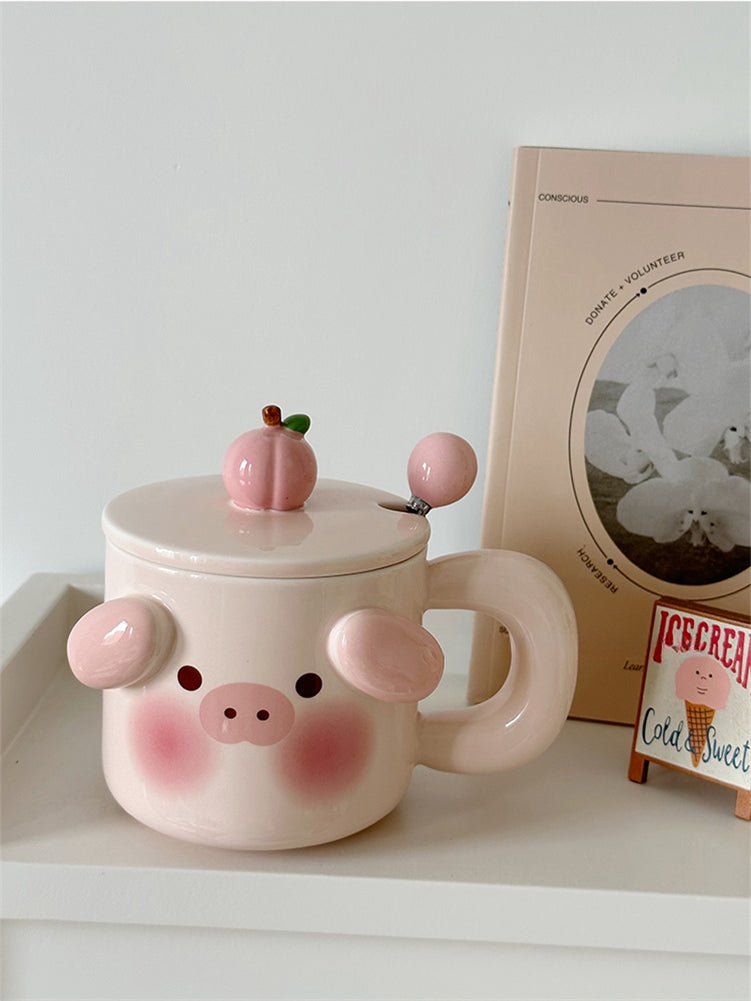 YICKYUE  -  Cartoon Cute Piggy Mug Stereo Puppy Ears Milk Cup with Fresh Ins Style Office Lid Spoon Ceramic Coffee Cup