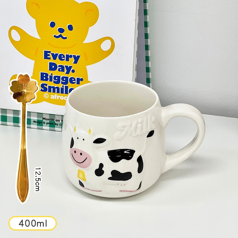 Kawaii Milk Cow  Mugs Coffee Cups Cute Ceramic Cups With Spoon Home Milk Tea Beer Water Breakfast Cup Drinkware Birthday Gift