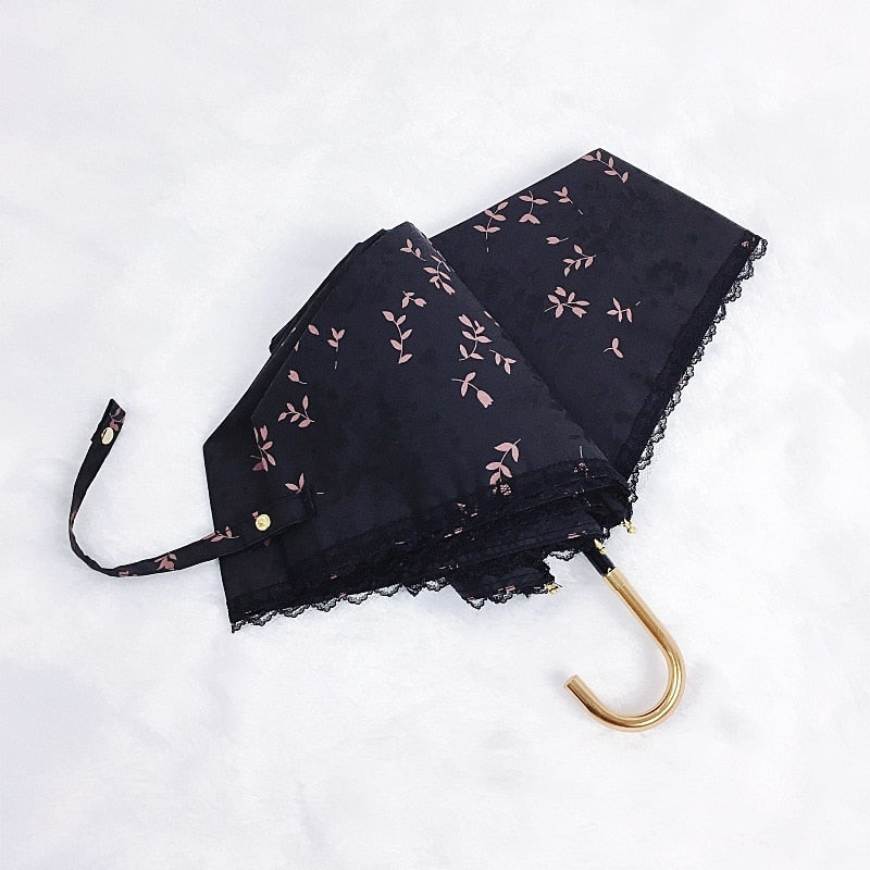 Three Fold Women's Sunshade Rain Umbrella Gold Curved Hook Handle Lace Up Summer Parasol Ladies Beach Travel Sunbreak Umbrella