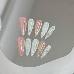 YICKYUE  -  10pcs Handmade Press on Nails Pink Blush 3D Metal Star Decor Fake Nail Tips Reusable Wearable Y2k Long Pointed False Nails