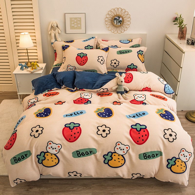 Thick Warm Coral Fleece 4pcs Bedding Set Cute Printing Quilt Cover Super Soft Velvet Bed Sheet Pillowcase King Size Bedding Set