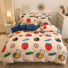 Thick Warm Coral Fleece 4pcs Bedding Set Cute Printing Quilt Cover Super Soft Velvet Bed Sheet Pillowcase King Size Bedding Set