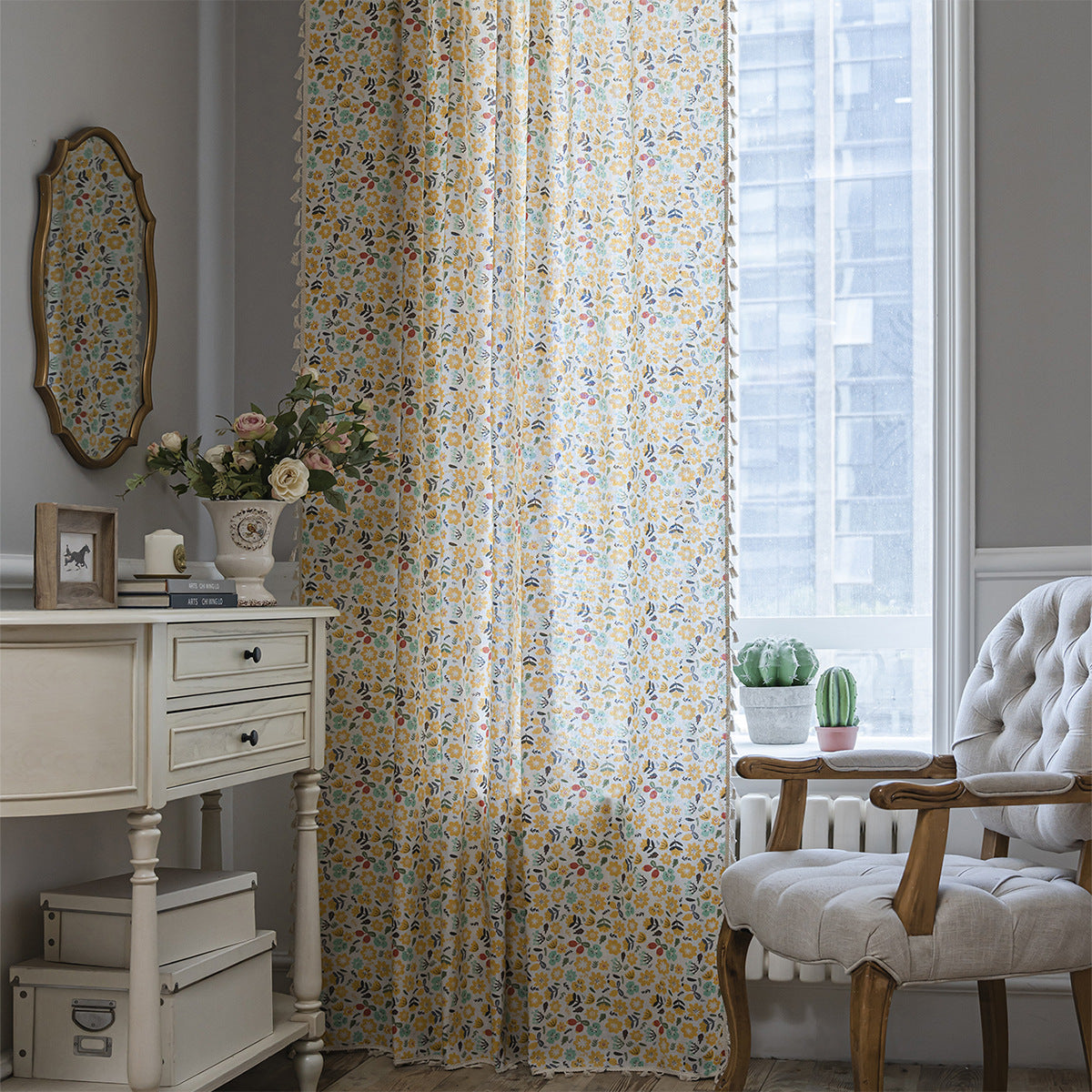 YICKYUE  -  Finished Curtains Floral Prints Tassels Small Windows Kitchen Curtains Cotton and Linen Semi Shading Floating Windows