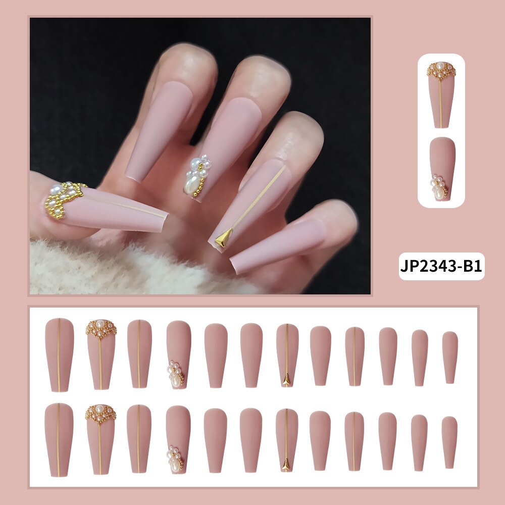 24Pcs Pearl French False Nails Nude Long Ballerina Nail Decorat Art Bride Wedding Rhinestone Acrylic Coffin Fake Nails with Glue
