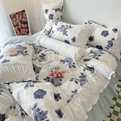 Yickyue Korean Ins Rose Pastoral Lace Quilt Cover Washed Cotton Princess Bedding Sets Bed Skirt Ruffles Pillowcase Woman Duvet Cover