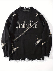 Hearujoy Men's Oversized Distressed Knit Sweater with Embroidered Letters - Gray Casual Streetwear for Fall/Winter, Loose Fit, Long Sleeve, Polyester Blend, Fall Winter Apparel|Distressed Sweater|Decorative Patches