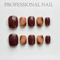 YICKYUE  -  10Pcs Caramel Cat Eye Wearable Round Head Short Fake Nails Hand Painted Planet Star Murad Style Full Over Press on Nail Tips Art
