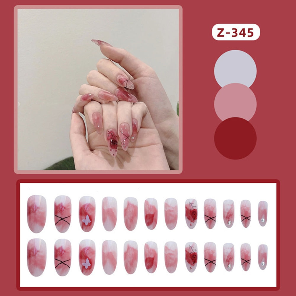 24pcs Pink Rose Design False Nail Patch Coffin Fake Nails Removable Long Paragraph Fashion Manicure Nail Art Press On Nail Tips